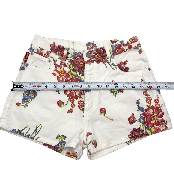 Vintage 80s 90s BONGO White & Floral Print Denim High Rise Mom Shorts Jr 1 25x2" - Picture 8 of 14